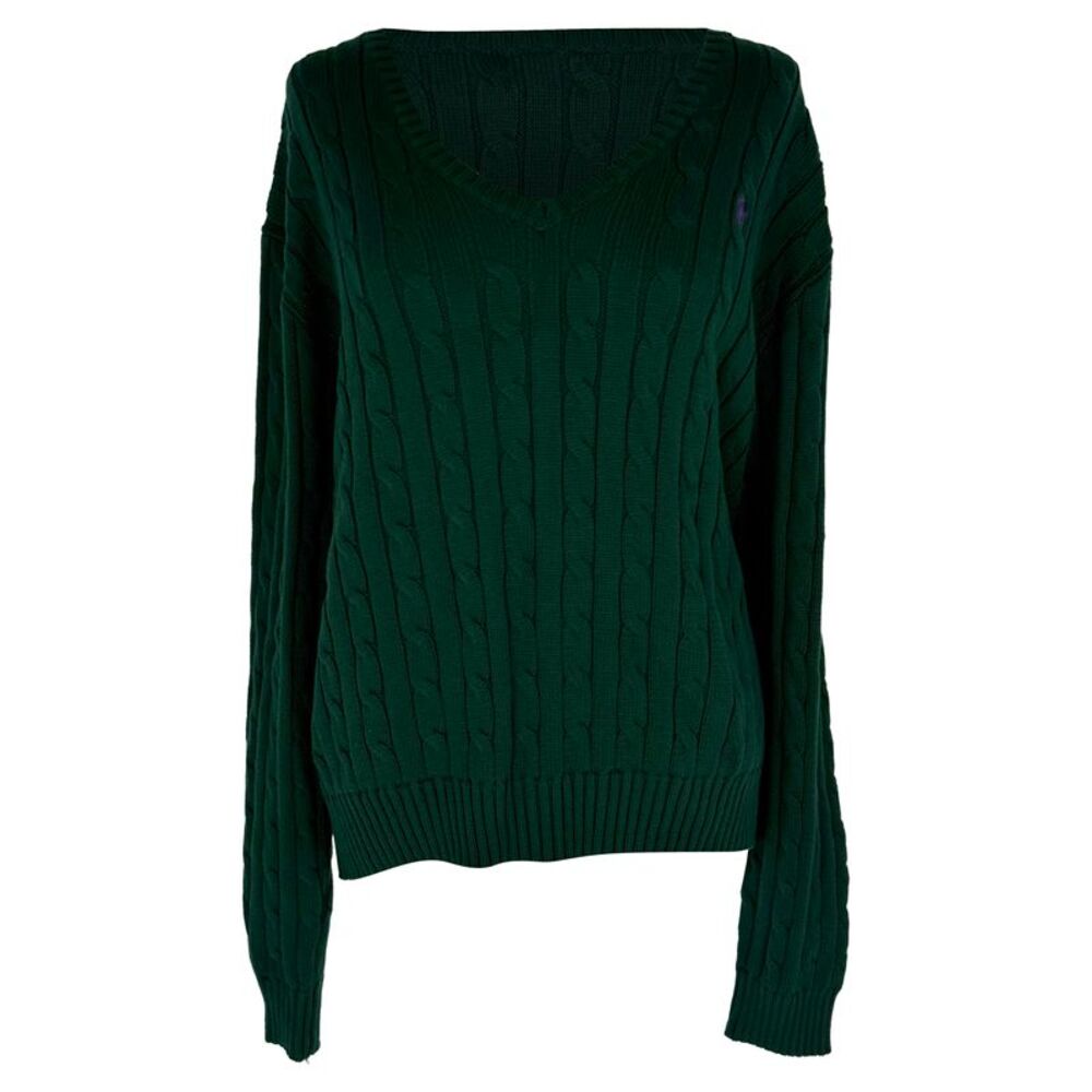 Ralph Lauren Polo Cable Knit V-Neck Sweatshirt in Green Cotton